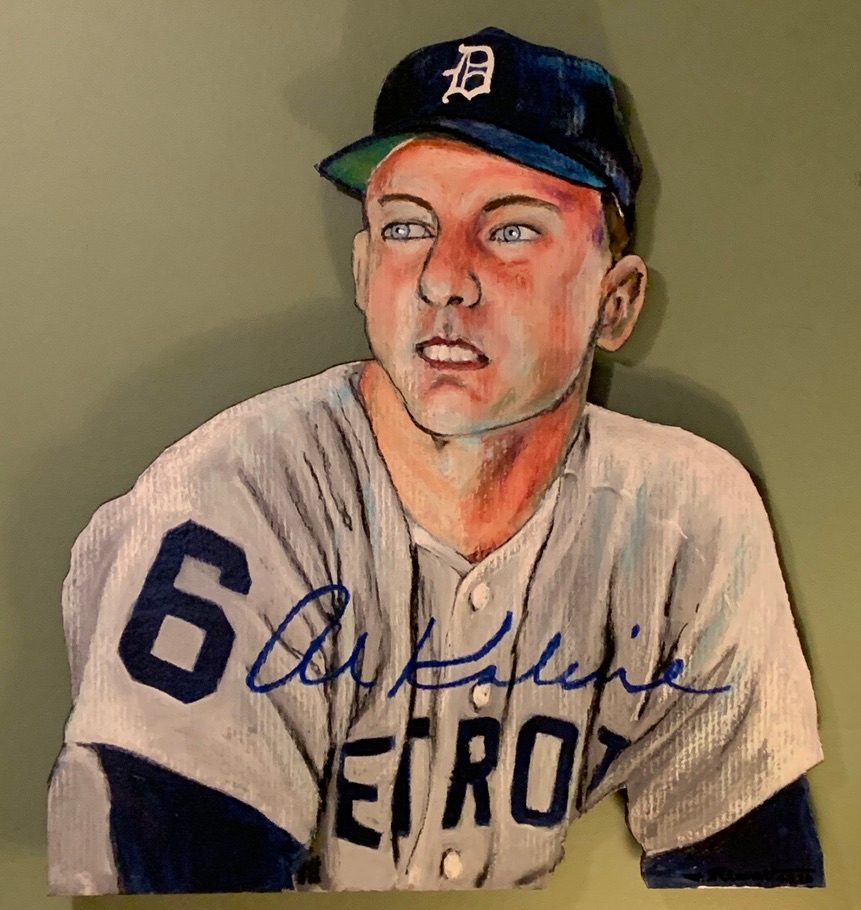Hand-cut and hand-painted portrait of Detroit Tigers outfielder Al Kaline, number 6, signed, on a green wall
