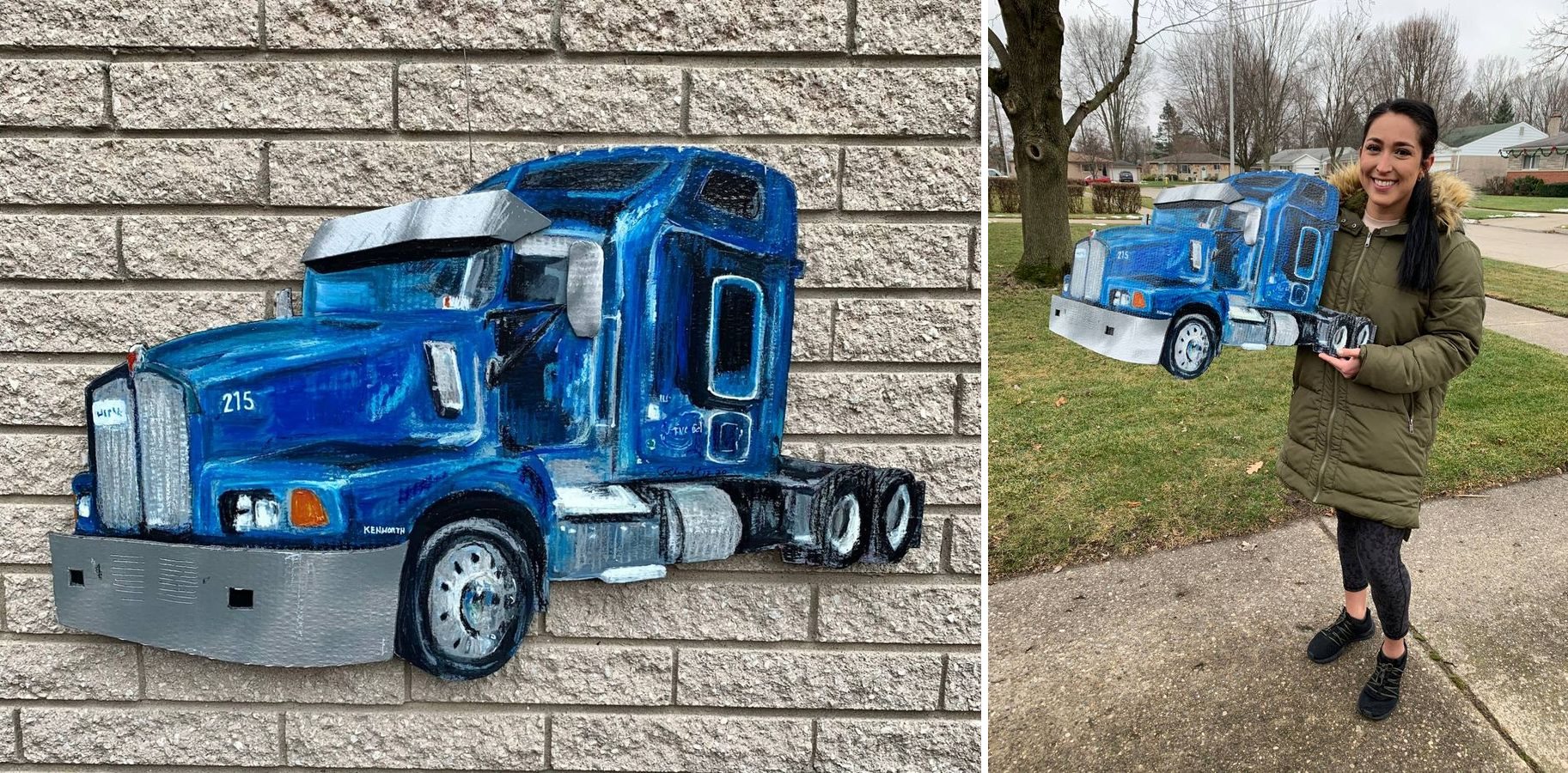 Custom hand-cut and hand-painted blue Kenworth semi truck cutout, number 215, on a brick wall, and held by its smiling owner on a sidewalk