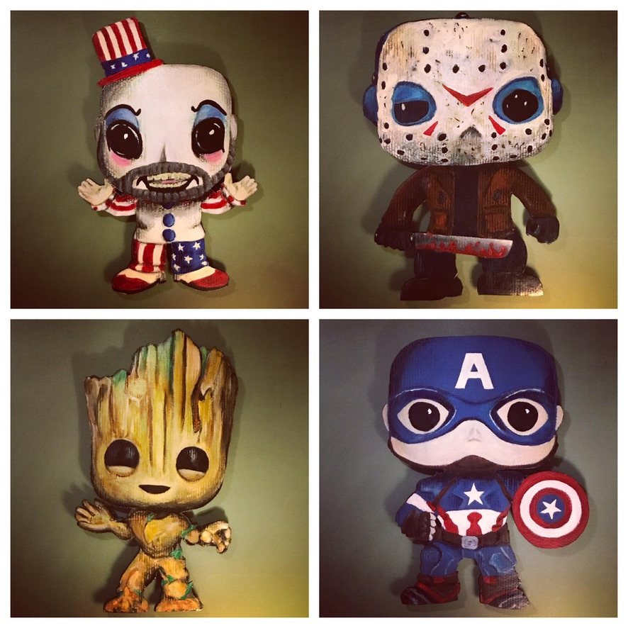 Four hand-cut and hand-painted Funko Pop style pieces on green walls: Captain Spaulding in a stars and stripes hat, Jason Voorhees in a hockey mask, Groot, and Captain America with his shield