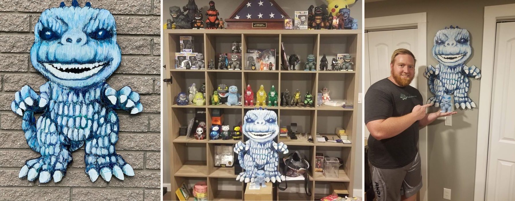 Hand-cut and hand-painted Funko Pop style Ghost Godzilla in icy blue and white: on a brick wall, in front of a collector's shelves of Godzilla figures, and on a wall with the customer pointing to a small Godzilla figure