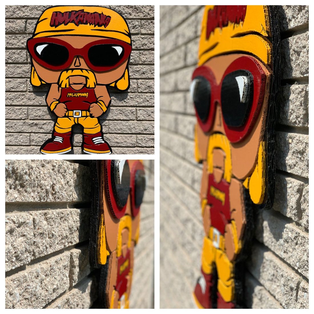 Hand-cut and hand-painted Funko Pop style Hulk Hogan in a yellow Hulkamania bandana, red sunglasses and red and yellow gear: front view and two angled close-ups on a brick wall