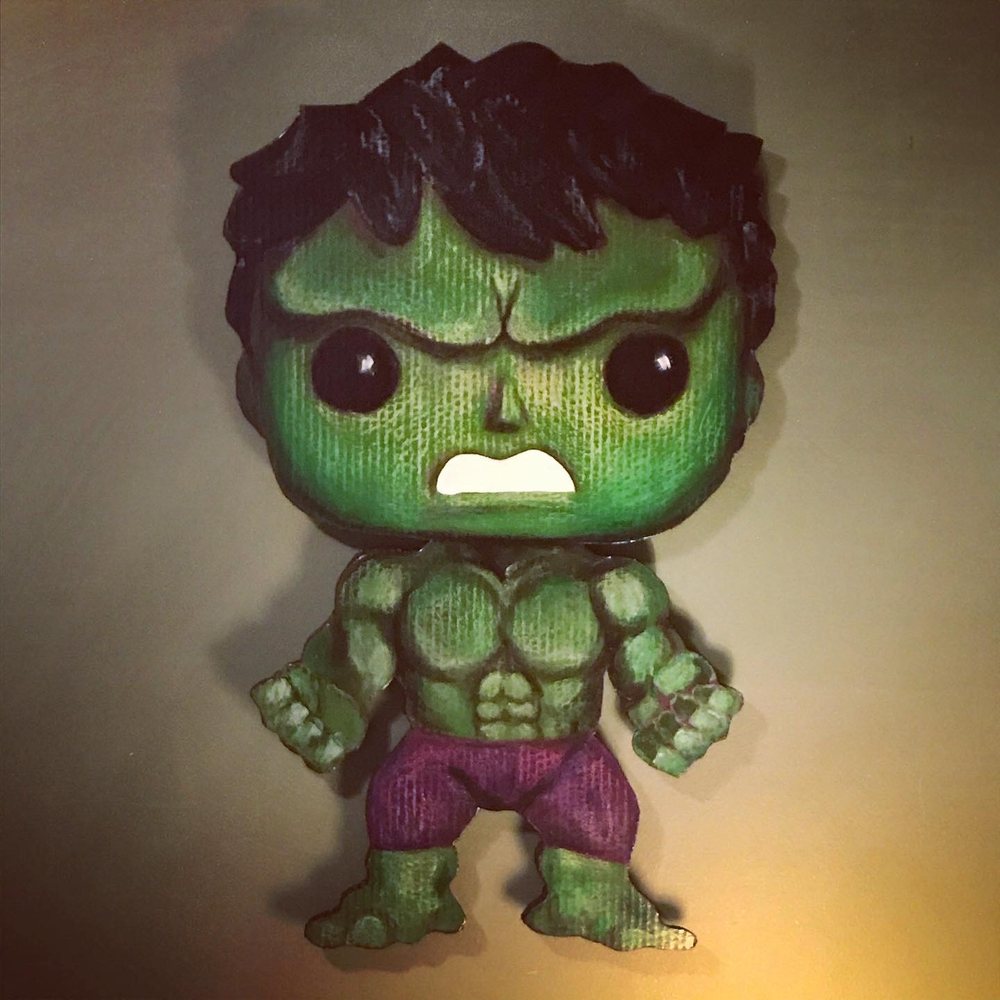 Hand-cut and hand-painted Funko Pop style Hulk with an angry face, black hair and purple pants