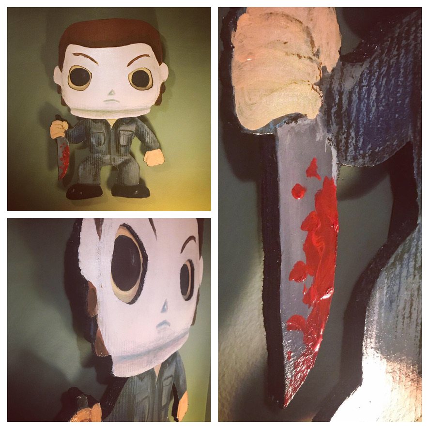 Hand-cut and hand-painted Funko Pop style Michael Myers in a white mask, gray coveralls and a bloody kitchen knife: the full piece, an angled close-up of the mask, and a close-up of the knife