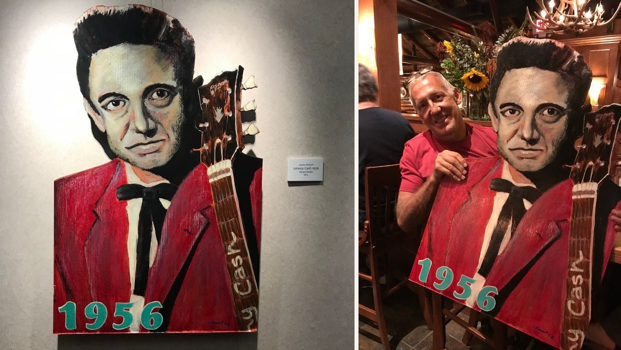Hand-cut and hand-painted mixed media portrait of Johnny Cash in a red jacket and black bow tie, holding a guitar neck, with the year 1956: on a gallery wall, and held by a customer in a restaurant