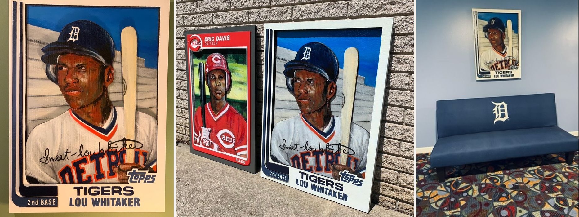 Hand-cut and hand-painted Topps style baseball card of Detroit Tigers second baseman Lou Whitaker, signed: on a green wall, leaning on a brick wall beside an Eric Davis card, and hanging above a Tigers couch