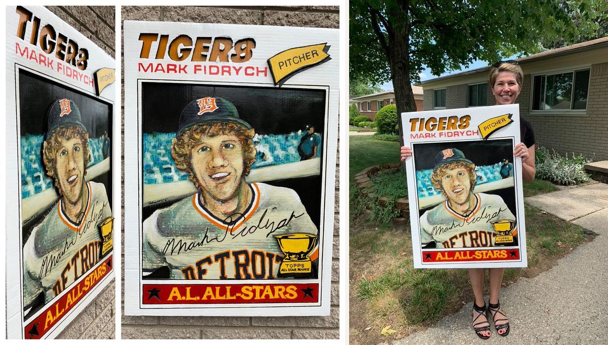 Hand-cut and hand-painted Topps style baseball card of Detroit Tigers pitcher Mark Fidrych, signed, A.L. All-Stars: an angled view and a front view on a brick wall, and held by a smiling customer outdoors