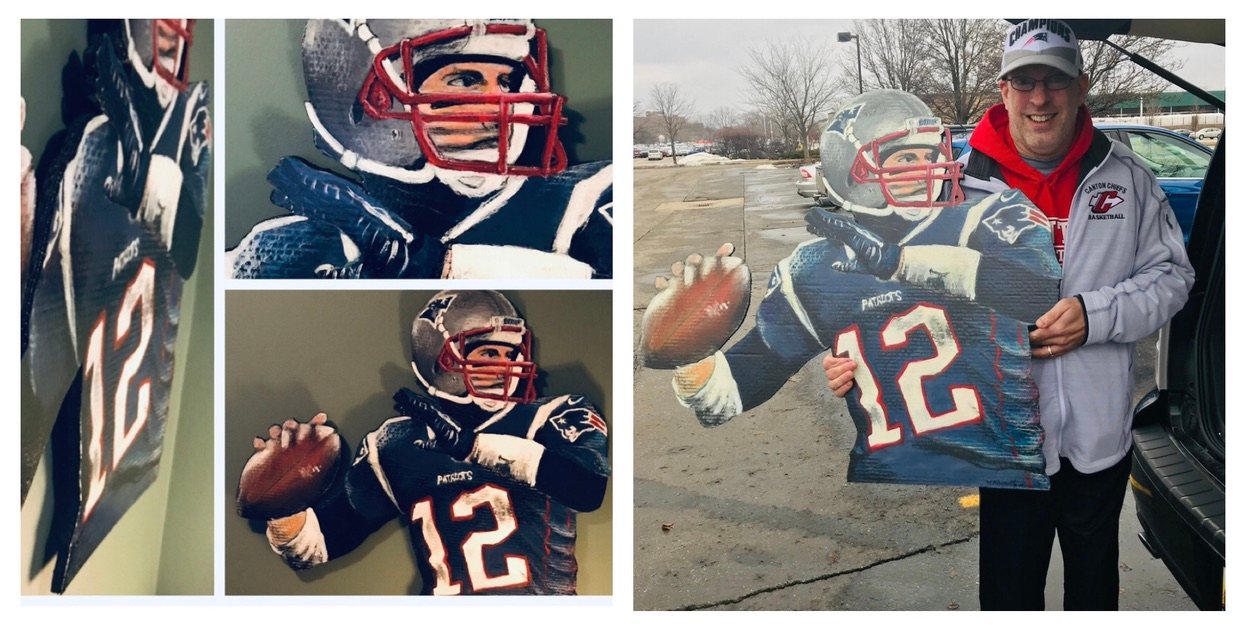 Hand-cut and hand-painted Tom Brady, New England Patriots number 12, in a navy jersey throwing a football: three close views on a green wall, and held by a smiling customer in a parking lot
